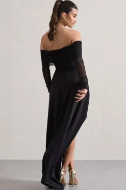 Lunara | Black Bardot High-Low Maxi Dress