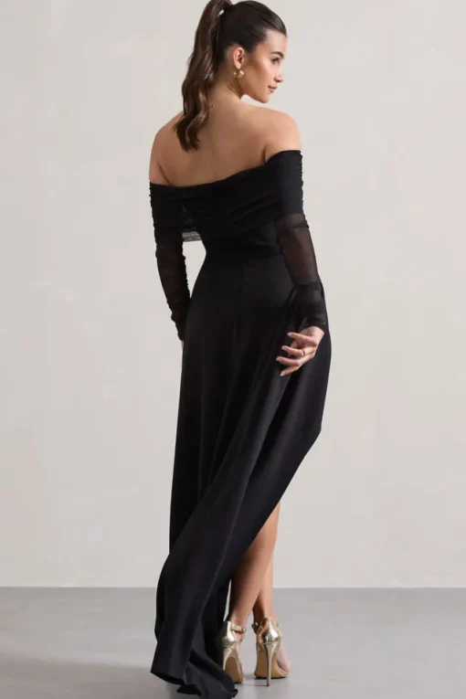 Lunara | Black Bardot High-Low Maxi Dress