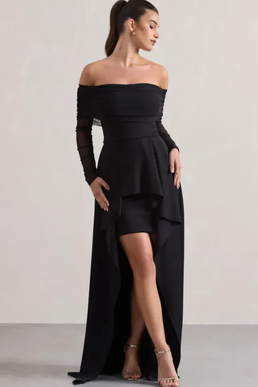 Lunara | Black Bardot High-Low Maxi Dress