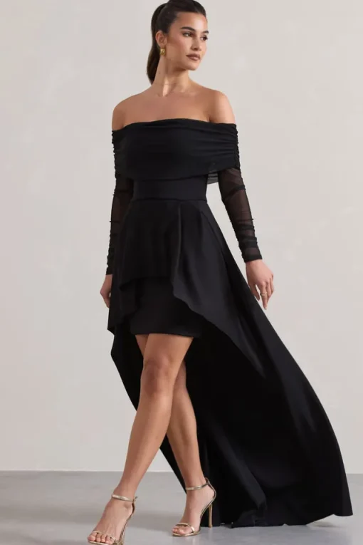 Lunara | Black Bardot High-Low Maxi Dress