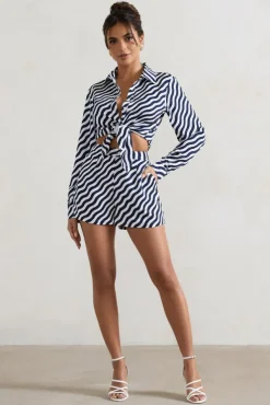 Lunaria | Navy Wave Print Satin Tailored Shorts