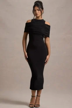 Lupine | Black Mesh Bardot Bodycon Midi Dress