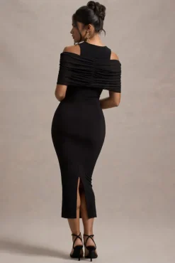 Lupine | Black Mesh Bardot Bodycon Midi Dress