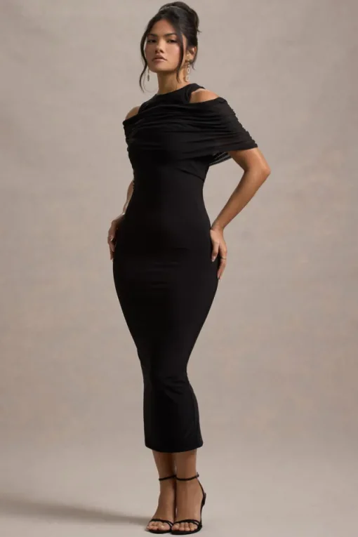 Lupine | Black Mesh Bardot Bodycon Midi Dress