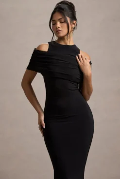Lupine | Black Mesh Bardot Bodycon Midi Dress
