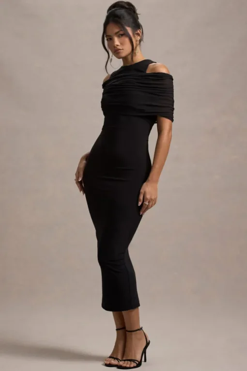 Lupine | Black Mesh Bardot Bodycon Midi Dress