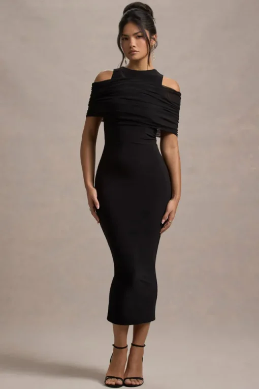 Lupine | Black Mesh Bardot Bodycon Midi Dress