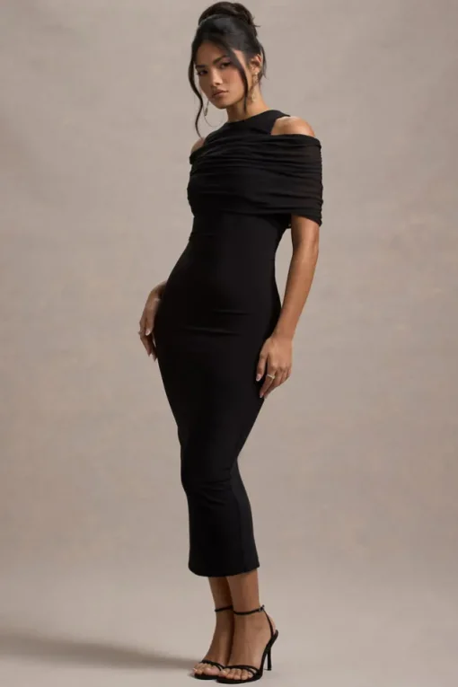 Lupine | Black Mesh Bardot Bodycon Midi Dress
