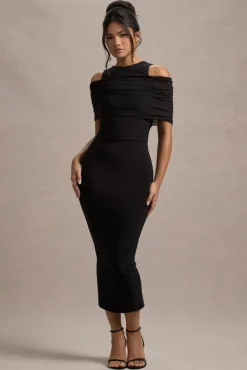 Lupine | Black Mesh Bardot Bodycon Midi Dress