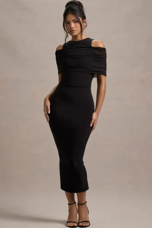 Lupine | Black Mesh Bardot Bodycon Midi Dress