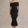 Lydia | Black Bardot Bow Detail Midi Dress