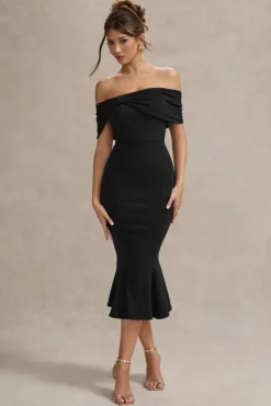 Lydia | Black Bardot Bow Detail Midi Dress