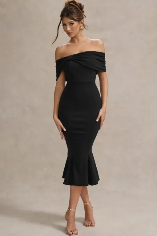 Lydia | Black Bardot Bow Detail Midi Dress