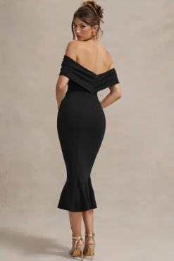 Lydia | Black Bardot Bow Detail Midi Dress