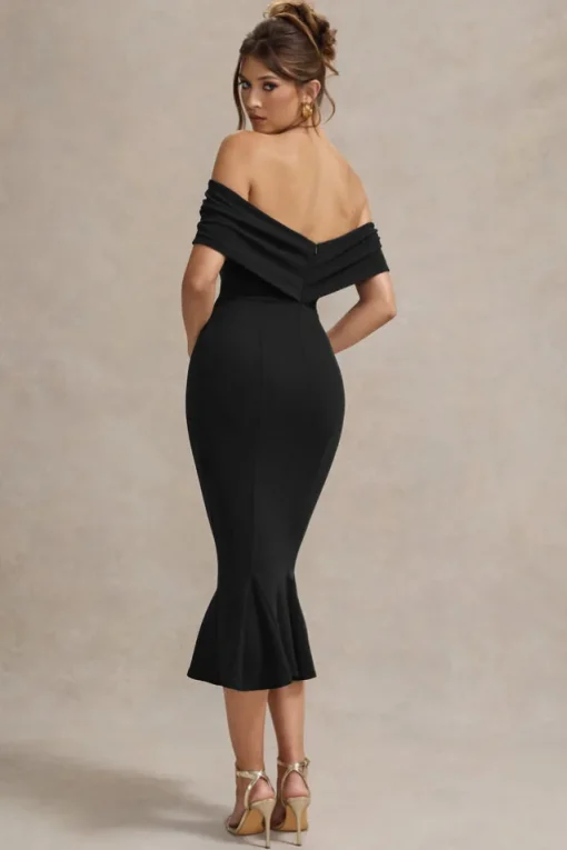 Lydia | Black Bardot Bow Detail Midi Dress