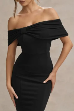 Lydia | Black Bardot Bow Detail Midi Dress