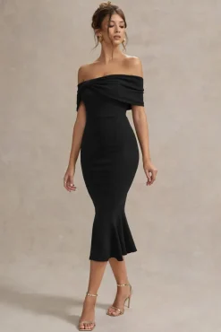 Lydia | Black Bardot Bow Detail Midi Dress