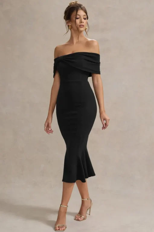Lydia | Black Bardot Bow Detail Midi Dress