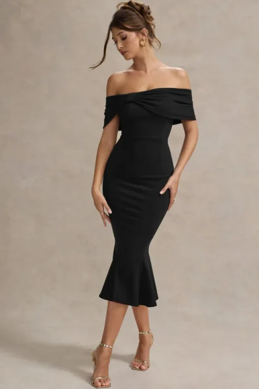 Lydia | Black Bardot Bow Detail Midi Dress