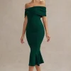 Lydia | Bottle Green Bardot Bow Detail Midi Dress