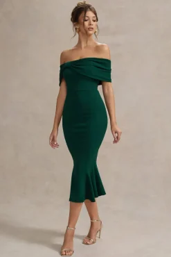 Lydia | Bottle Green Bardot Bow Detail Midi Dress