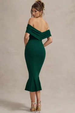 Lydia | Bottle Green Bardot Bow Detail Midi Dress