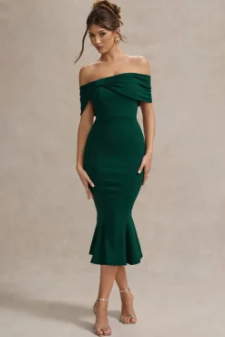 Lydia | Bottle Green Bardot Bow Detail Midi Dress