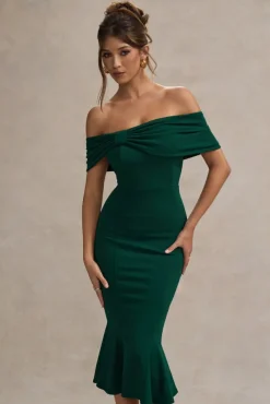 Lydia | Bottle Green Bardot Bow Detail Midi Dress