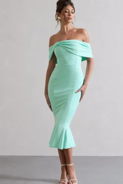 Lydia | Mint Bardot Bow Detail Midi Dress