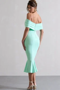 Lydia | Mint Bardot Bow Detail Midi Dress
