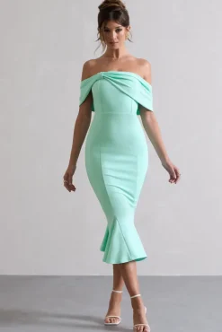 Lydia | Mint Bardot Bow Detail Midi Dress