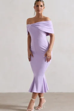 Lydia | Pastel Lilac Bardot Bow Detail Midi Dress