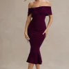 Lydia | Plum Bardot Bow Detail Midi Dress