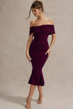 Lydia | Plum Bardot Bow Detail Midi Dress