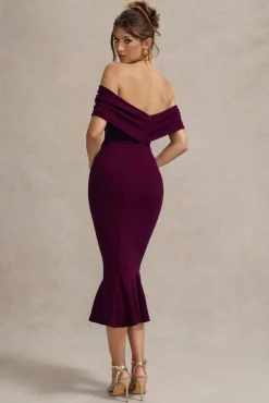 Lydia | Plum Bardot Bow Detail Midi Dress