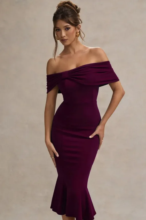 Lydia | Plum Bardot Bow Detail Midi Dress