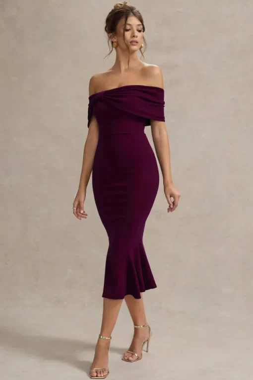 Lydia | Plum Bardot Bow Detail Midi Dress
