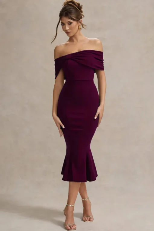 Lydia | Plum Bardot Bow Detail Midi Dress