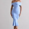 Lydia | Sky Blue Bardot Bow Detail Midi Dress