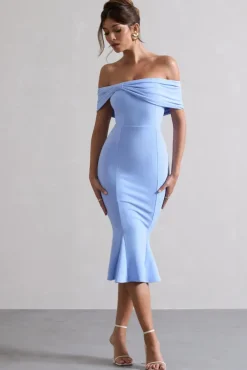 Lydia | Sky Blue Bardot Bow Detail Midi Dress