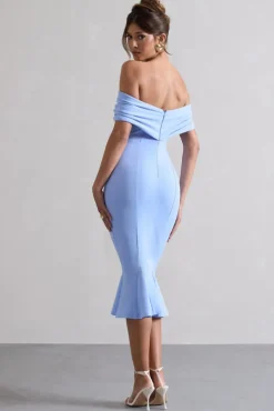 Lydia | Sky Blue Bardot Bow Detail Midi Dress