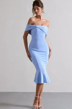 Lydia | Sky Blue Bardot Bow Detail Midi Dress