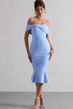 Lydia | Sky Blue Bardot Bow Detail Midi Dress