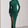 Lynn | Bottle Green Ruched High-Neck Split Maxi Dress