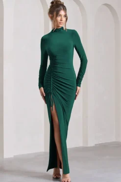 Lynn | Bottle Green Ruched High-Neck Split Maxi Dress