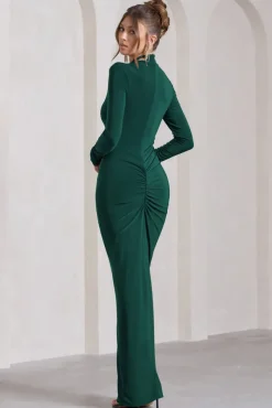 Lynn | Bottle Green Ruched High-Neck Split Maxi Dress