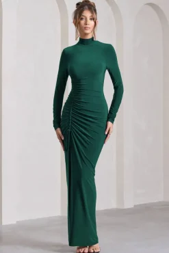 Lynn | Bottle Green Ruched High-Neck Split Maxi Dress