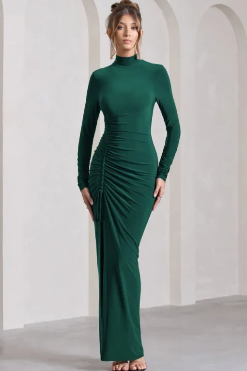 Lynn | Bottle Green Ruched High-Neck Split Maxi Dress