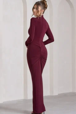 Lynn | Burgundy Ruched High-Neck Split Maxi Dress
