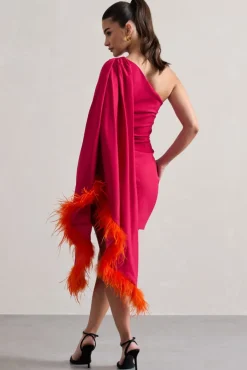 Lyrika | Dark Pink Asymmetric Cape Sleeve Mini Dress With Feathers